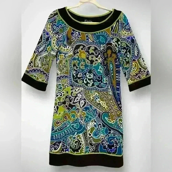 K Petite Collection Size 6 Shift Dress Chocolate Brown Paisley Long Sleeve - Picture 1 of 7